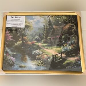 Art Shoppe : Cottage Landscape Painting with Gold Frame 21”x 17”